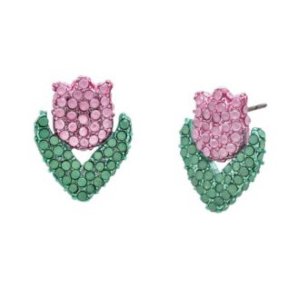 NWT Betsey Johnson Pink and Green rhinestone Tulip Earrings